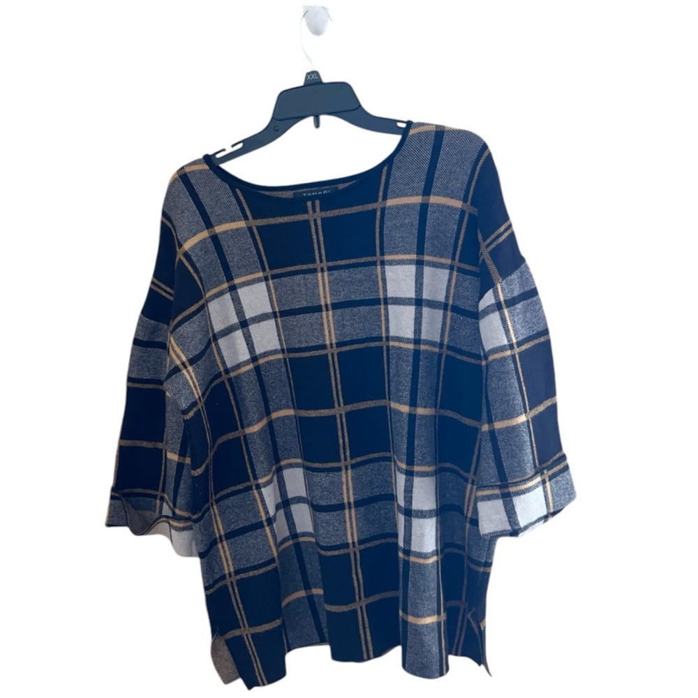 ⚫️TAHARI: Women’s size 1X, yellow/black/white plaid 3/4 sleeve sweater preowned.